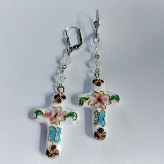 3543 Vintage-Ohrringe mit Swarovski-Perlen und Emaille-Charms 55mm