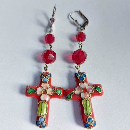 3544 Vintage-Ohrringe mit Swarovski-Perlen und Emaille-Charms 55mm