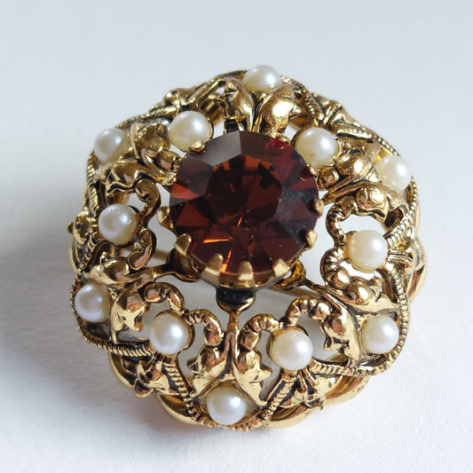 Vintage Fleur de Lis Trachten Brosche mit Swarovski Kristallen & Perlen 27mm